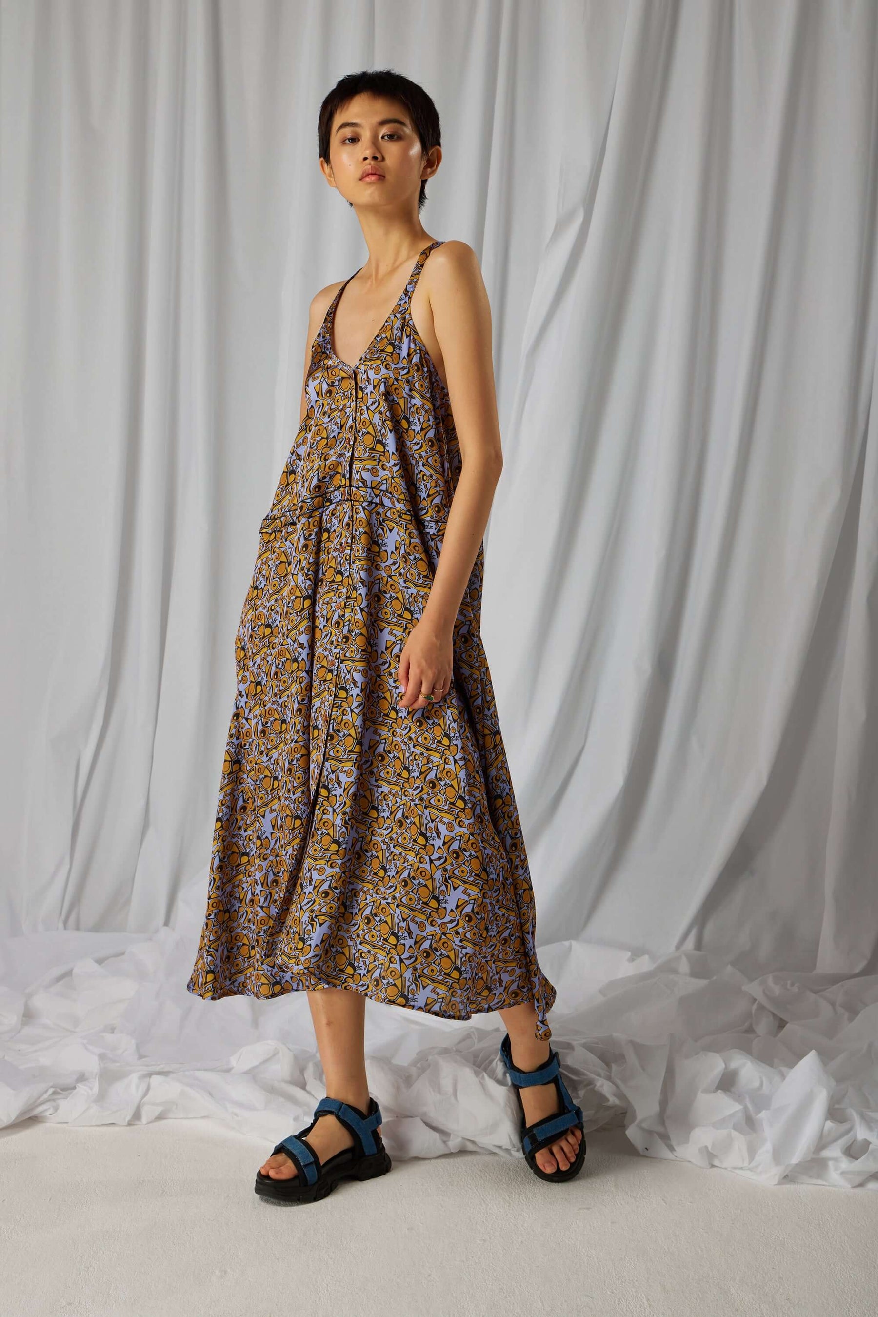 Java dress in Art Deco Factory print