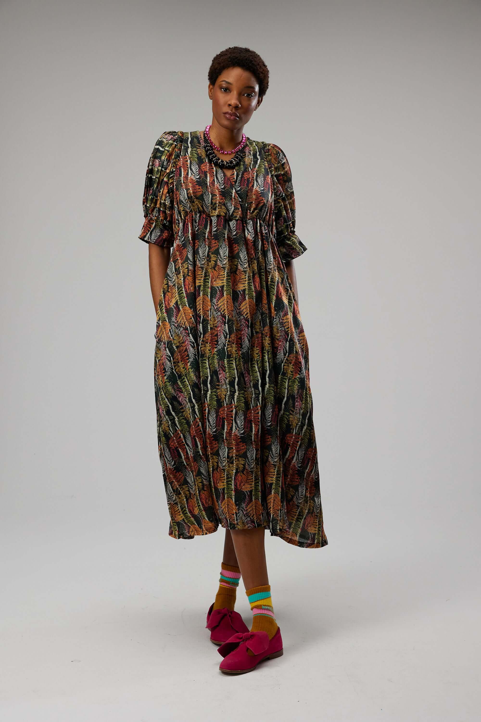 Jim pleated dress in Fern print