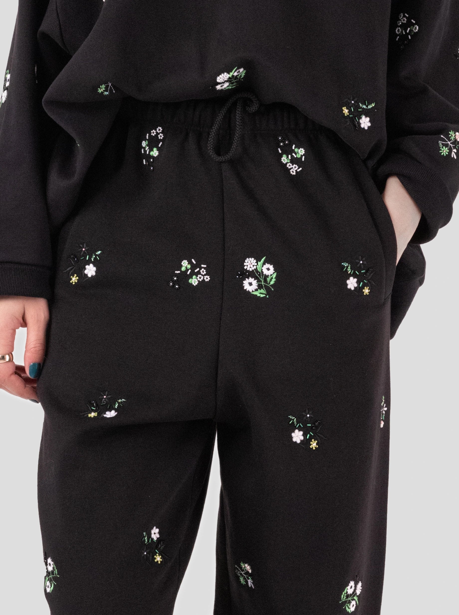 Elliott pants in black beaded embroidered fleece