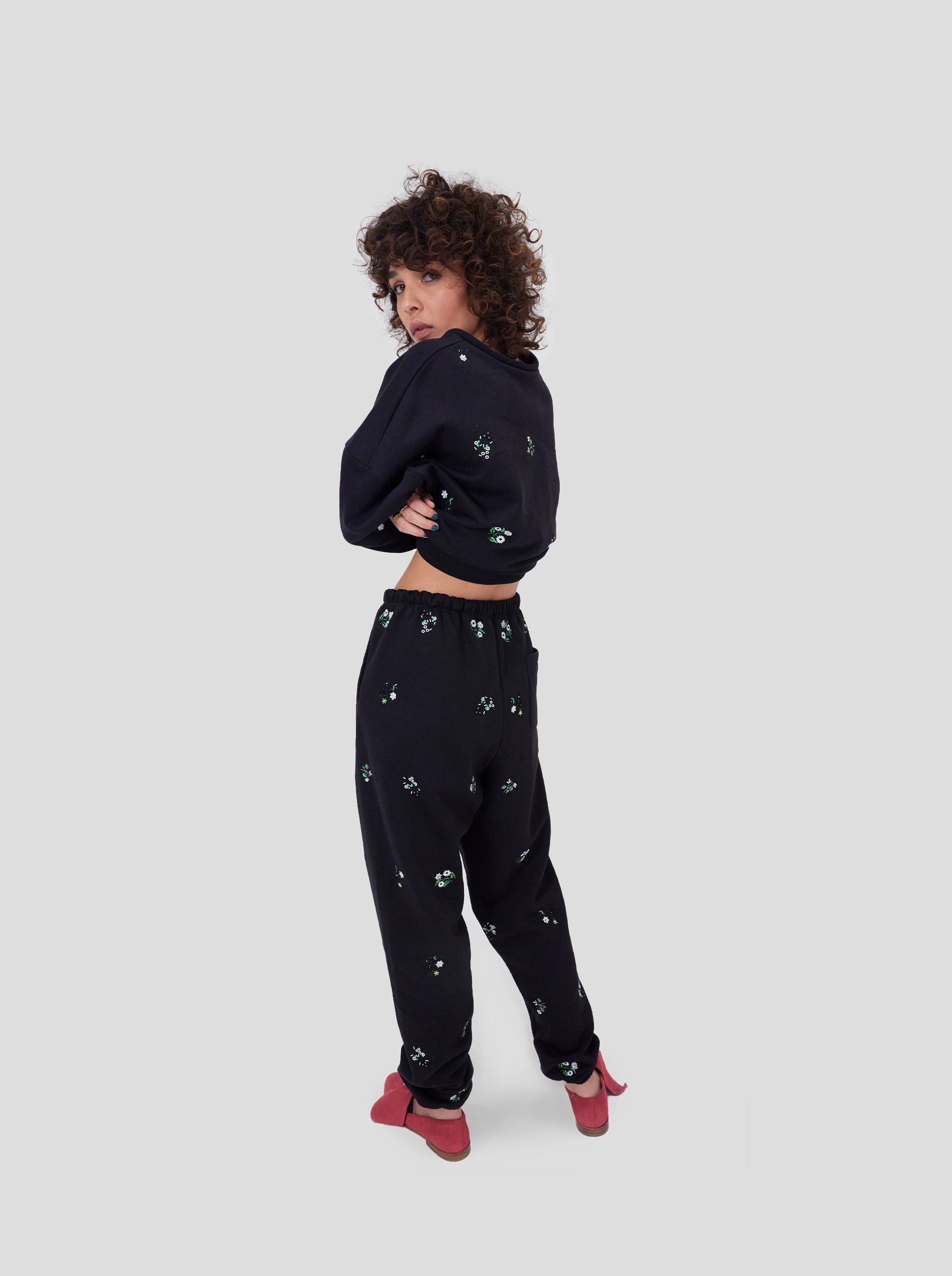 Elliott pants in black beaded embroidered fleece