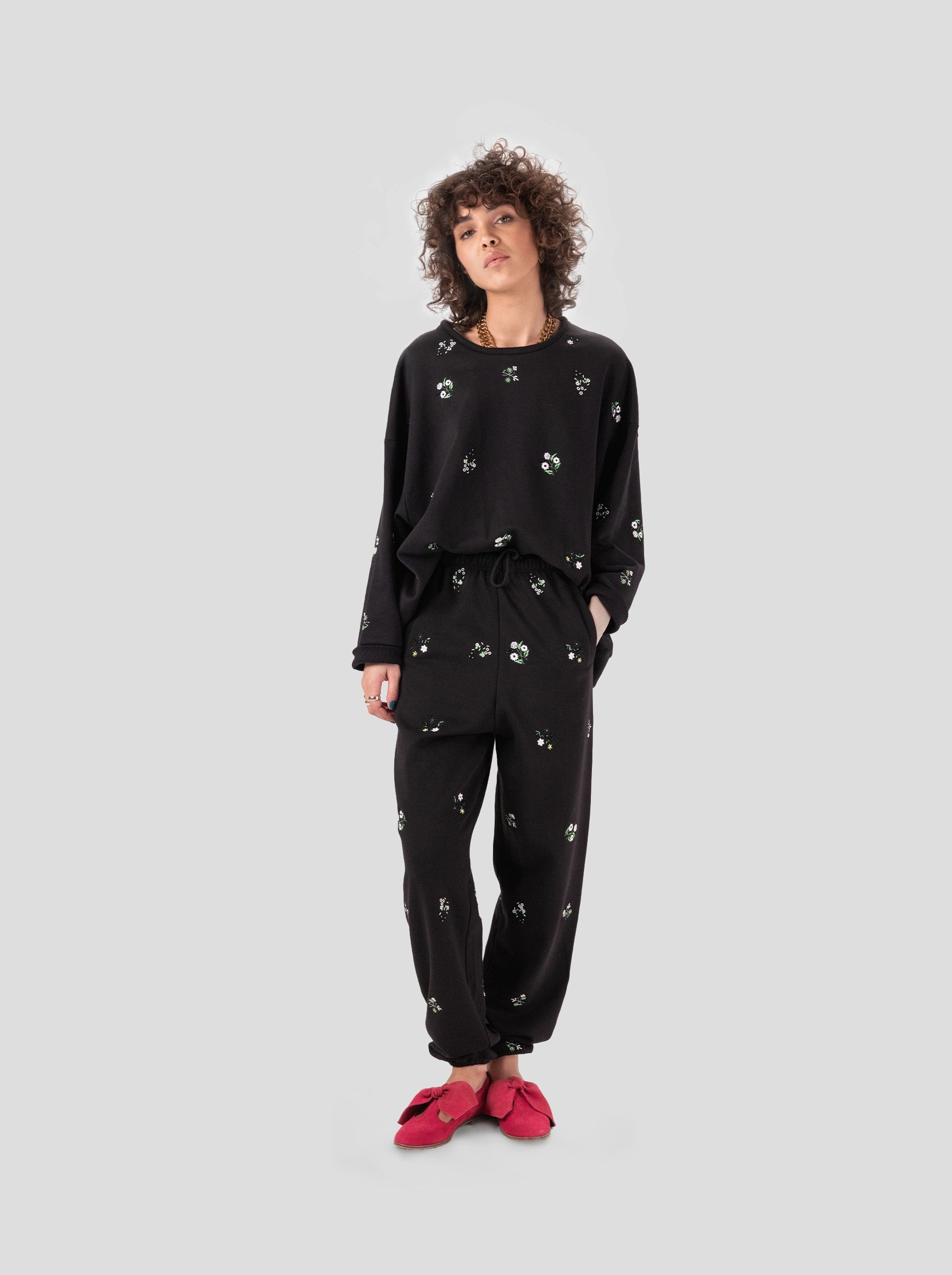 Elliott pants in black beaded embroidered fleece