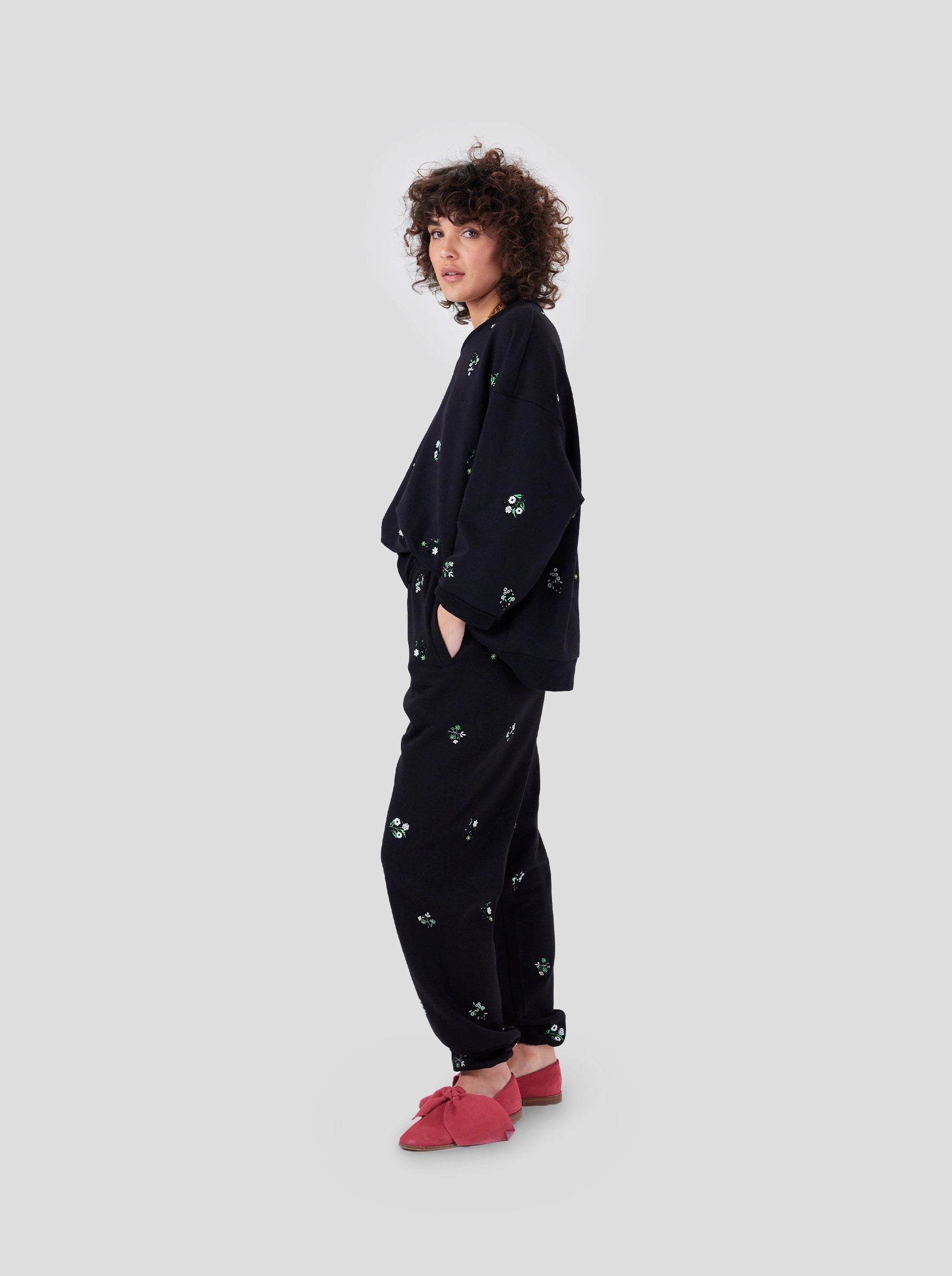 Elliott pants in black beaded embroidered fleece