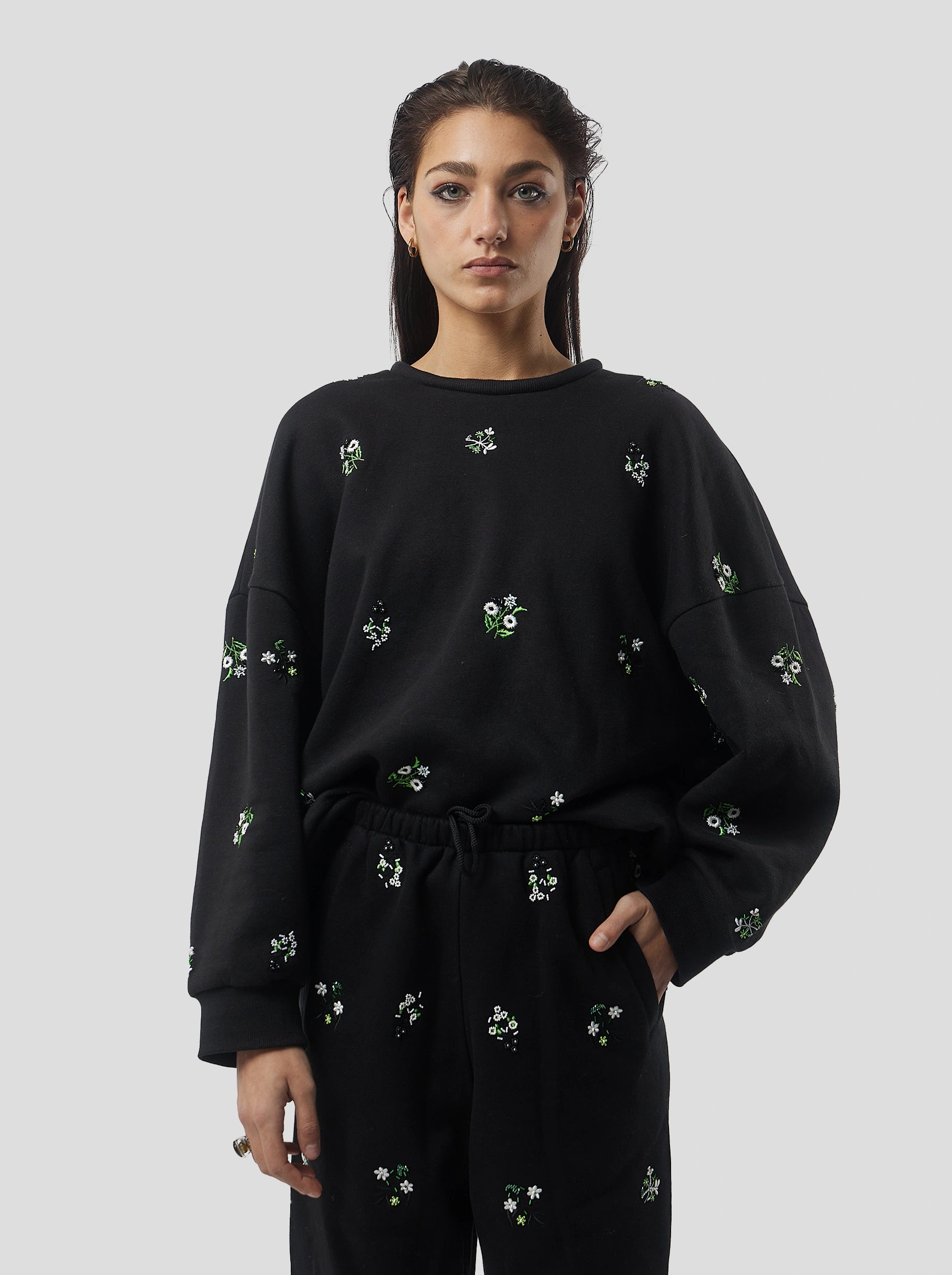 Harlem jumper in black beaded embroidered fleece