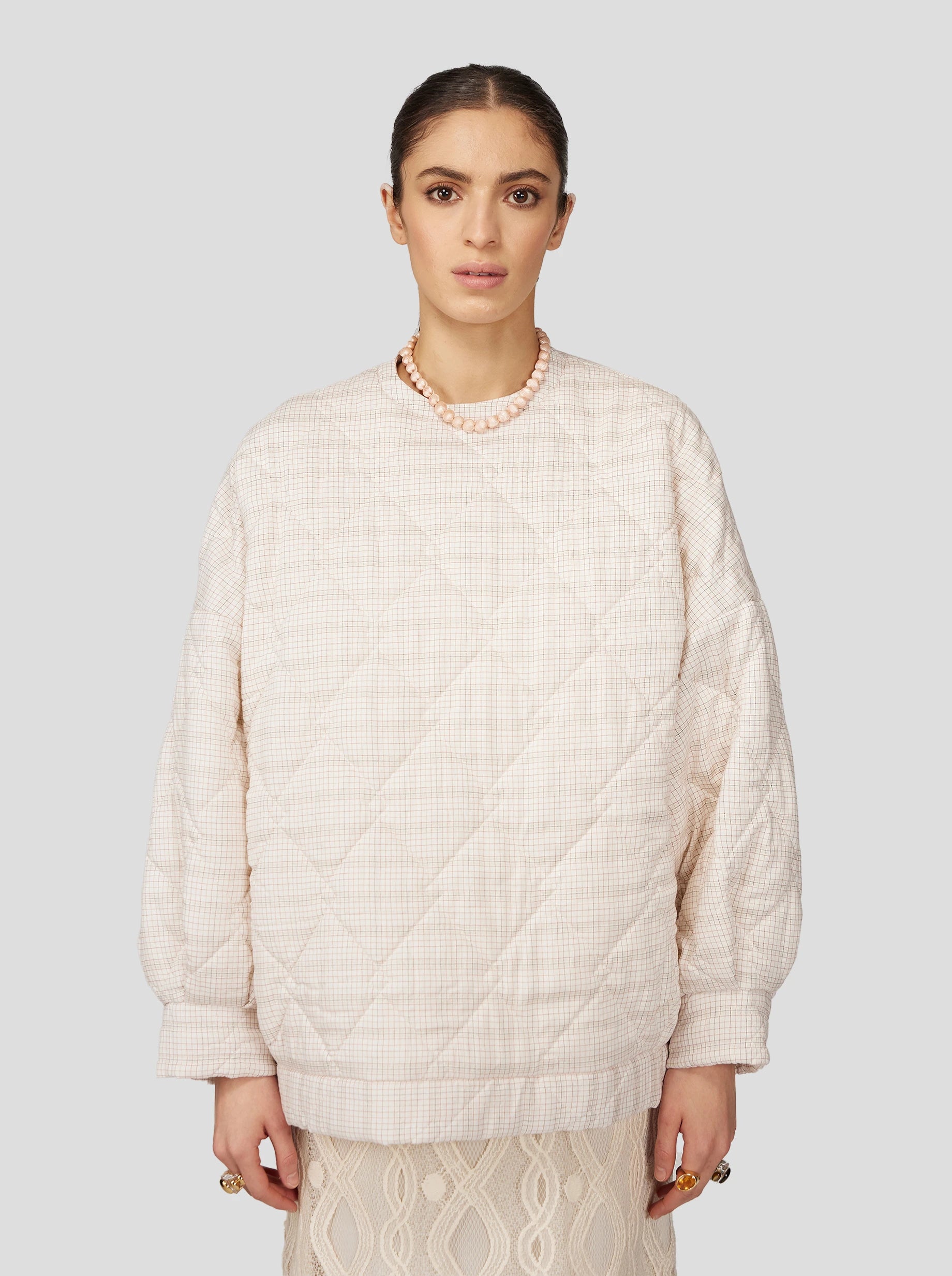 Quilted Harlem Jumper in Neutral Checkers