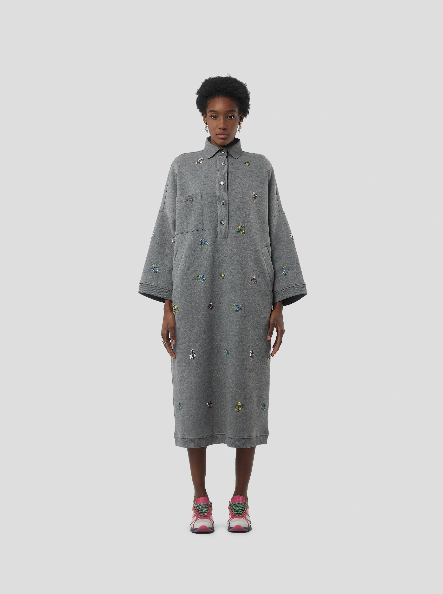 Milo dress in grey beaded embroidered fleece