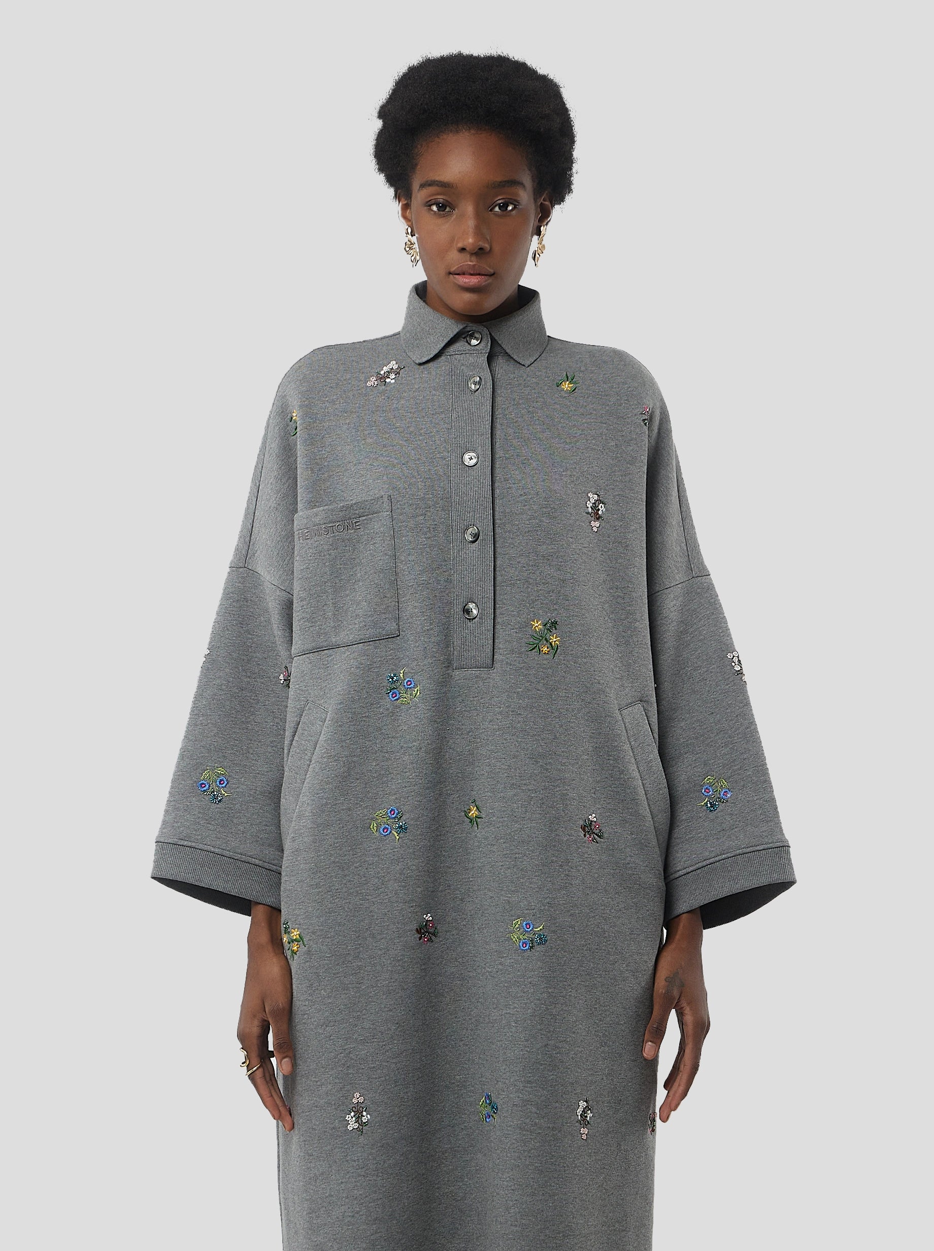 Milo dress in grey beaded embroidered fleece