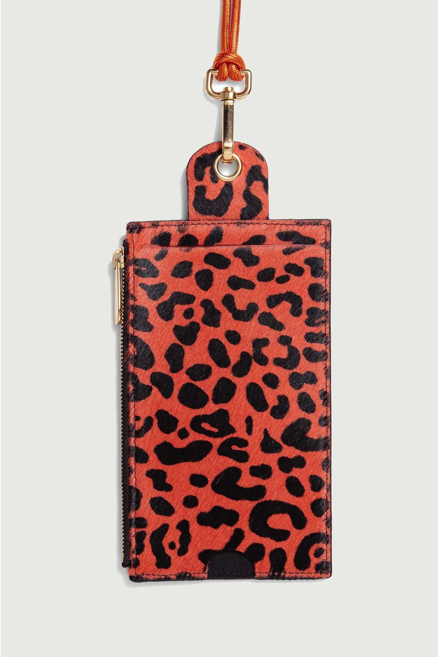 The Minis - Large neck wallet in orange Leopard printed leather